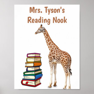 Editable Giraffe With Stack of Books Reading Nook Poster