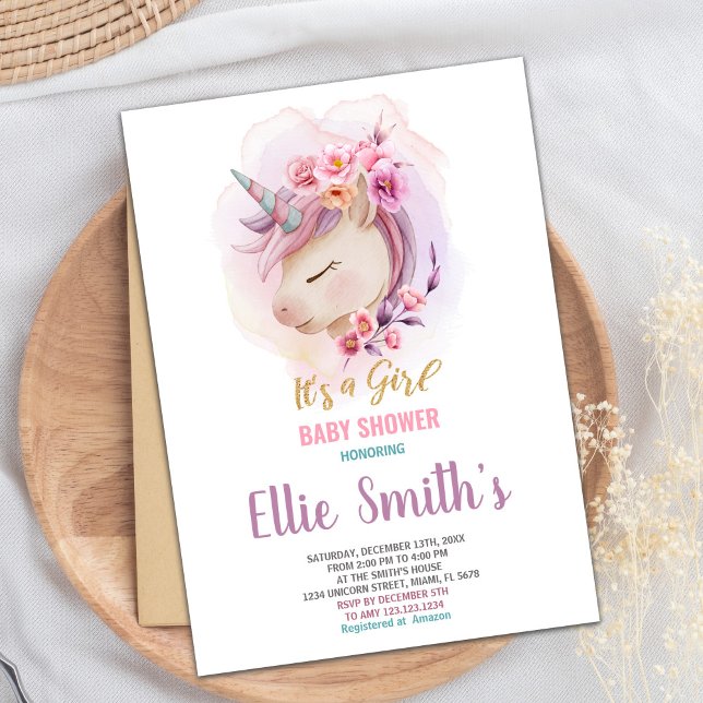 Editable Girl Baby Sprinkle or Shower Party Card (Floral Unicorn Baby Shower Invitations)