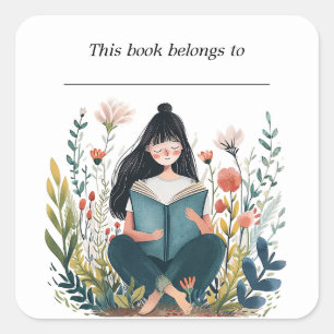 Editable Girl Reading Bookplate Sticker
