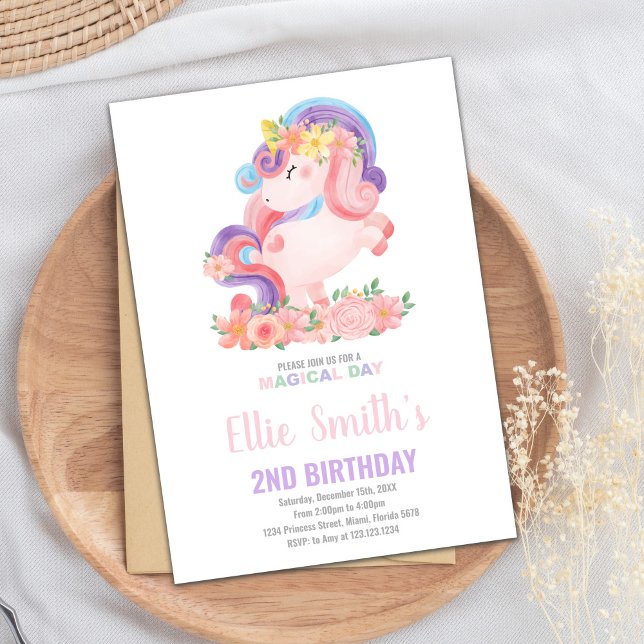 Editable Girl’s Magical Party Card with Rainbow (Pastil Color Unicorn Birthday Invitations)