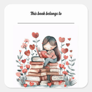 Editable Girl With Hearts and Stack of Books Square Sticker