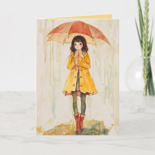 Editable Girl With Umbrella in the Rain Support Card