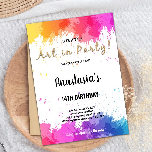 Editable Girls Art Party Card with Brush Splash (Pink Purple Paint Invitations)