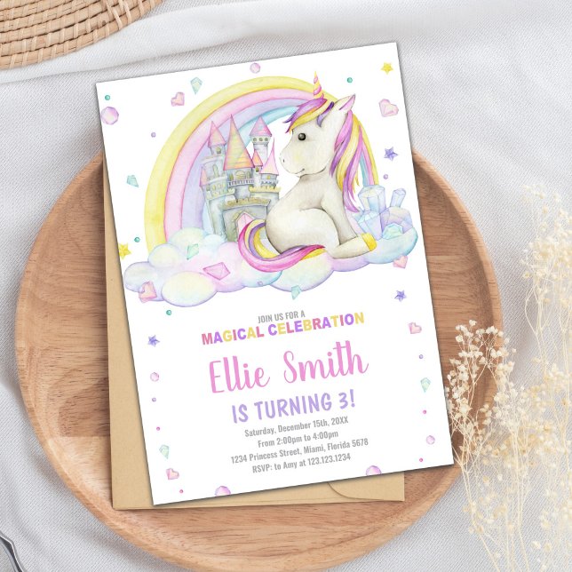 Editable Girls Fantasy Party Card with Magical (Rainbow Castile Unicorn Invitations)