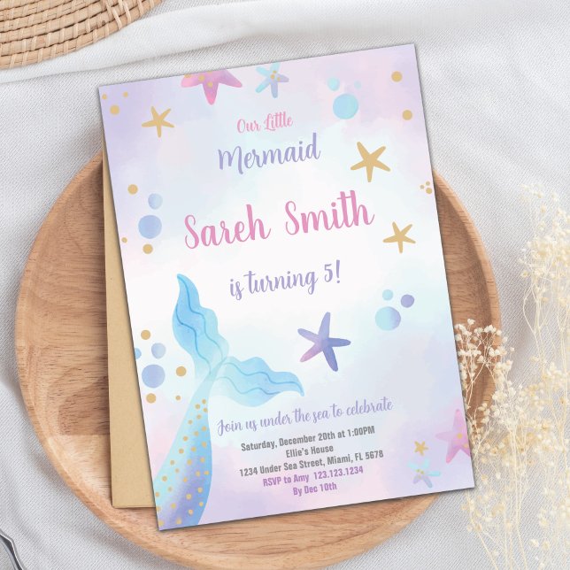 Editable Girls Ocean Party Card (Mermaid Blue tail under the sea Invitation)