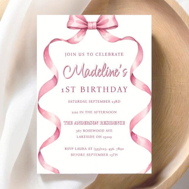 Editable Girls Pink Coquette Bow First Birthday  Invitation (Editable Girls Pink Coquette Bow First Birthday Invitation)