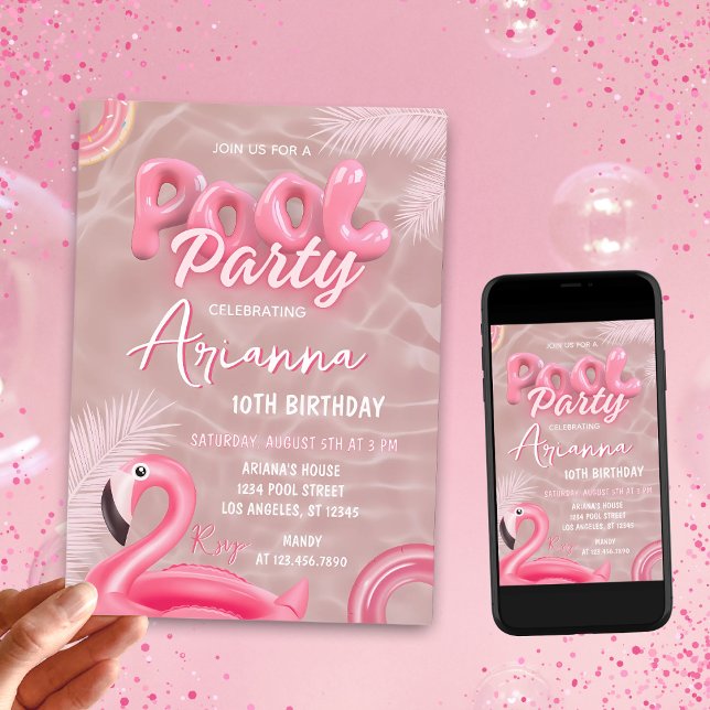 Editable Girls Pink Pool Party Birthday  Invitation (Creator Uploaded)