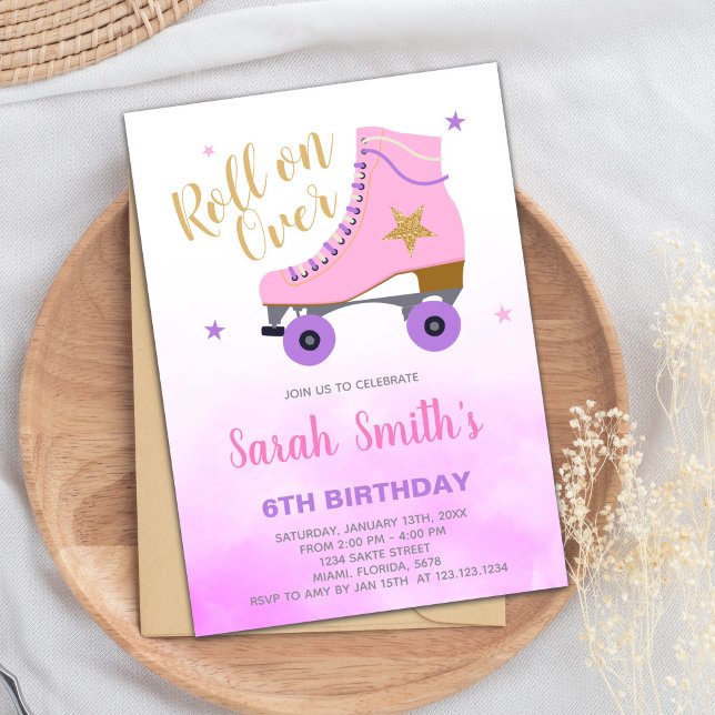 Editable Girls Roller Party Invite (Pink Star Glitter Skating Birthday Invitations)