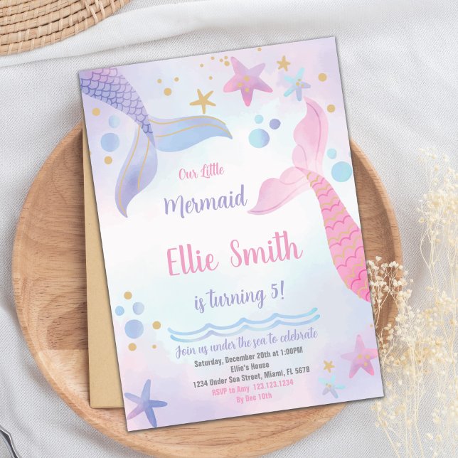 Editable Girls Under the Sea Party Card (Pink & Purple Mermaid Tails Invitations)