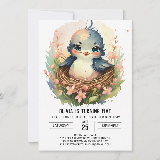 Editable Girly Bird Birthday Invitation (Front)
