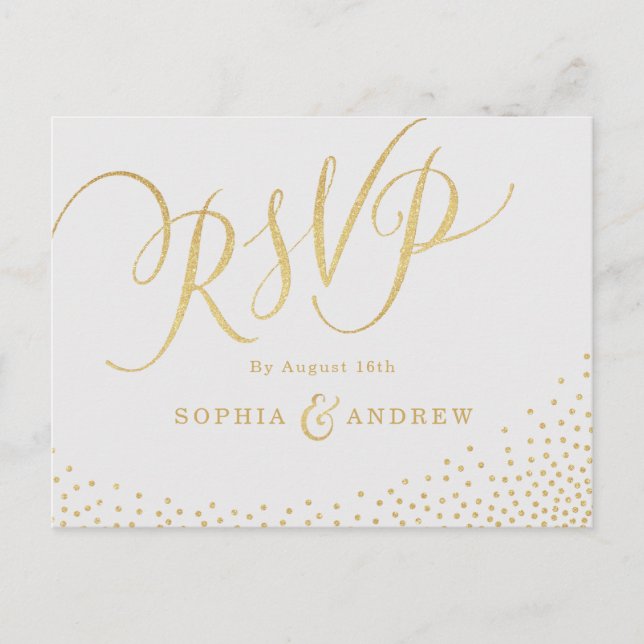 Editable glam faux gold glitter calligraphy RSVP Invitation Postcard (Front)