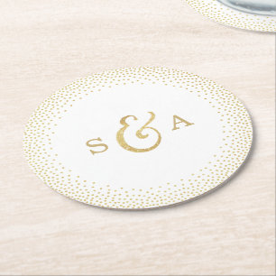 Editable glam faux gold glitter wedding monogram round paper coaster
