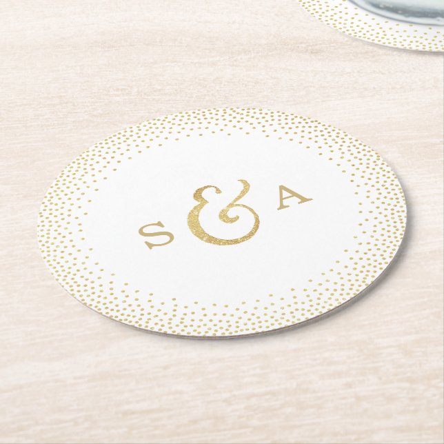 Editable glam faux gold glitter wedding monogram round paper coaster (Angled)