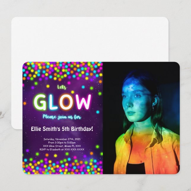 Editable Glow Birthday Photo Invitation (Front/Back)