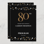 Editable Gold and Black confetti 80th birthday Programme<br><div class="desc">Celebrate a milestone 80th birthday in style with our Editable Gold and Black Confetti 80th Birthday Program. This elegant and customisable program allows you to personalise the text, name, date, venue, location, and schedule to create a memorable and detailed party itinerary for your guests. With its stunning gold and black...</div>