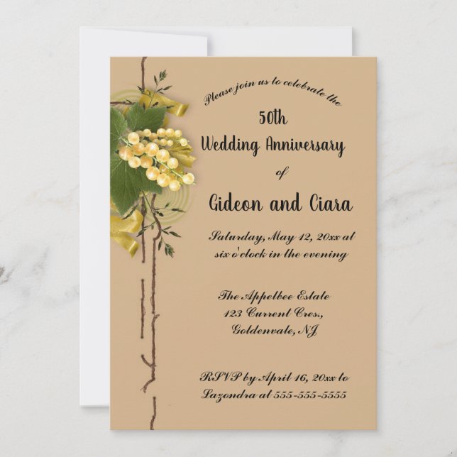 Editable Gold Currants Ribbon Golden Anniversary Invitation (Front)