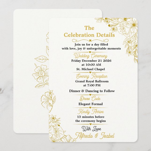 Editable Gold Floral Wedding Details Card (Front/Back)