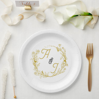 Editable Gold Floral Wedding  Paper Plate