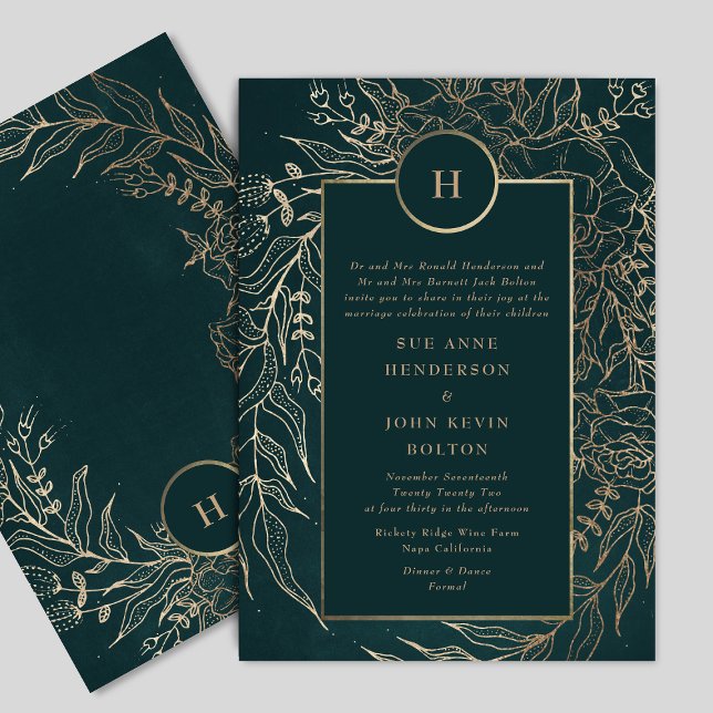 Editable Gold Foil & Emerald Green Wreath Monogram Invitation (Creator Uploaded)