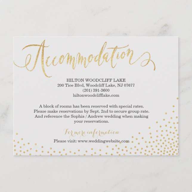 Editable gold glitter calligraphy accommodation enclosure card (Front)