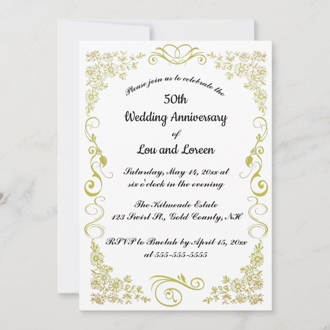 Editable Gold Heart Flowers Leaves Swirl Invitation (Front)