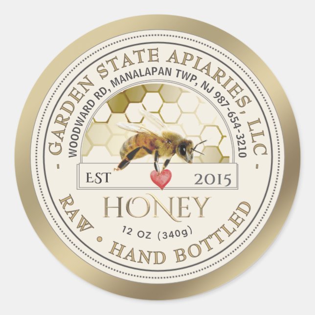 Editable Gold Honey Label Honeycomb Bee Heart (Front)