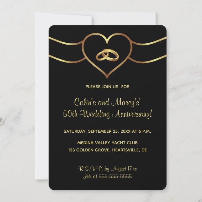 Editable Gold Wedding Rings and Heart Invitation (Front)