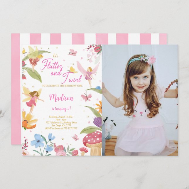 Editable Golden Fairy Birthday Party Photo Invitation (Front/Back)