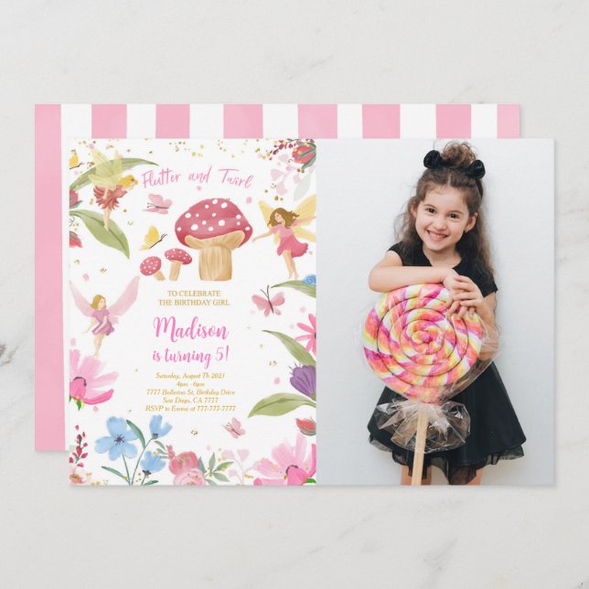 Editable Golden Fairy Birthday Photo Invitation (Front/Back)