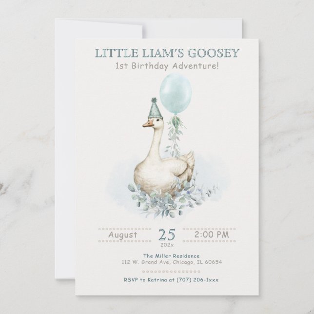 Editable Goose-themed First Birthday  Invitation (Front)
