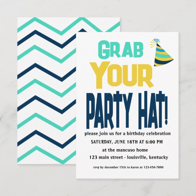 Editable Grab Your Party Hat Birthday Invitation (Front/Back)