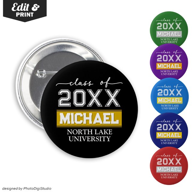 Editable Graduation Button with Name & School (Editable Graduation Button with Name & School, Custom Graduation Button, Black Gold Graduate Pin )