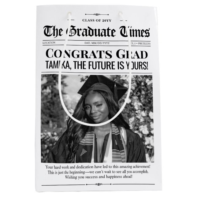 Editable Graduation Gift Graduation Newspaper Medium Gift Bag (Front)