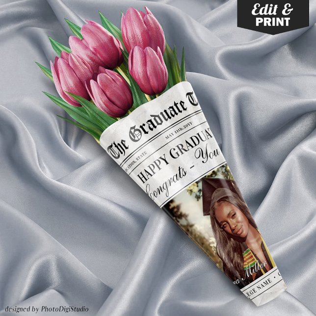 Editable Graduation Newspaper Flower Bouquet Wrapping Paper Sheet (Editable Graduation Newspaper Flower Bouquet Wrapping Paper Sheets)