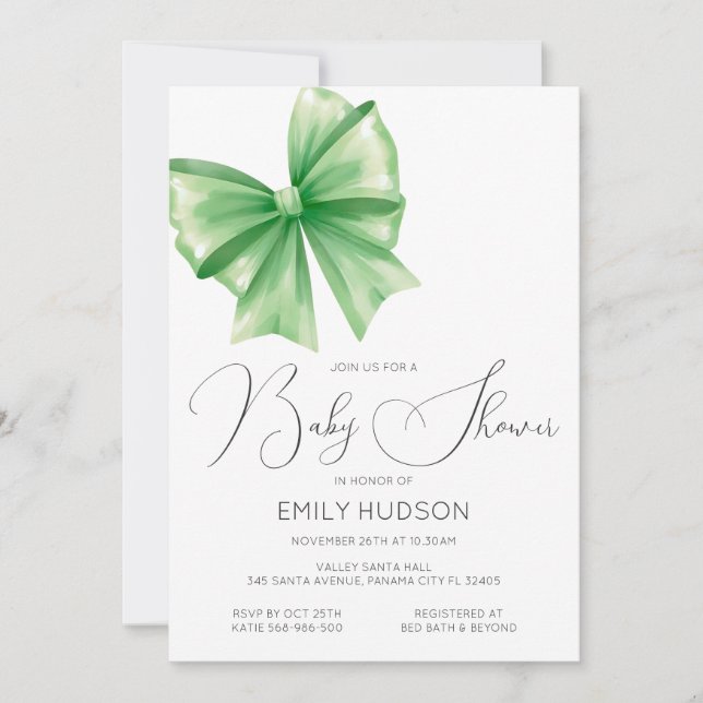 Editable Green Bow Coquette Invitation (Front)