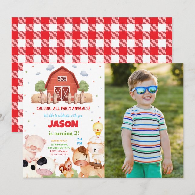 Editable Green Farm Birthday Party photo Invitation (Front/Back)