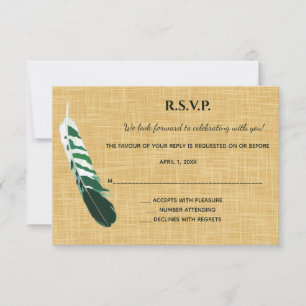 Editable Green Feather on Linen RSVP Card