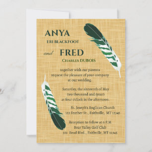 Editable Green Feather on Linen Wedding Invitation