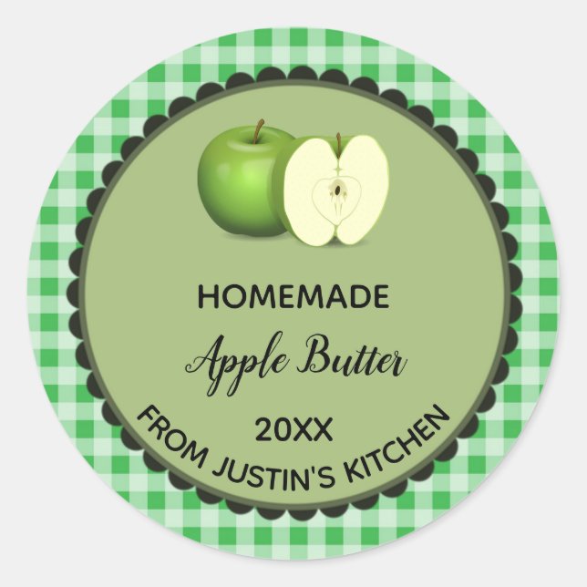 Editable Green Gingham Apple Butter Label Stickers (Front)