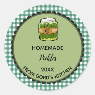 Editable Green Gingham Pickles Label Stickers