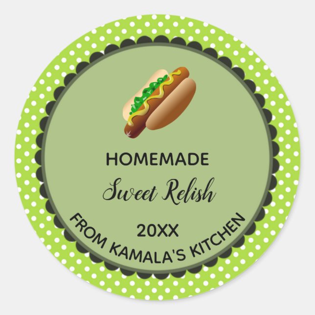 Editable Green Polka Dot Sweet Relish Label (Front)