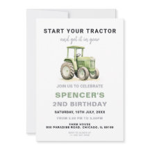 Editable Green Tractor Birthday Invitation