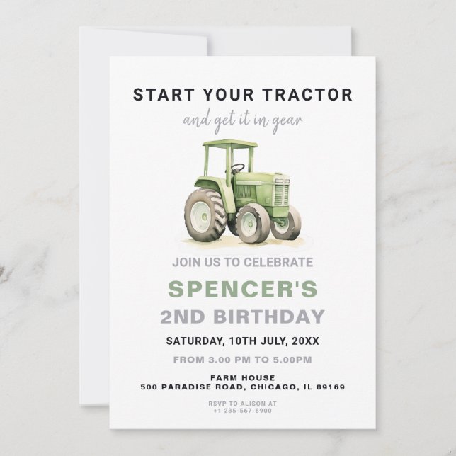 Editable Green Tractor Birthday Invitation (Front)