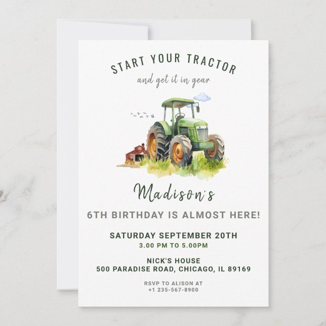 Editable Green Tractor Birthday Invitation (Front)