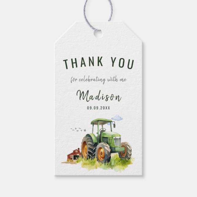 Editable Green Tractor Birthday Thank You Tag (Front)