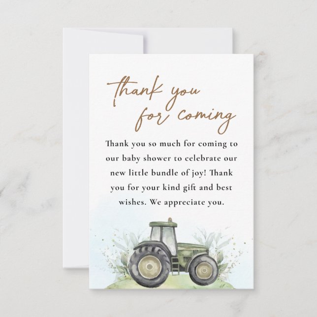 Editable Green Tractor Farm Baby Shower  Thank You Card (Front)