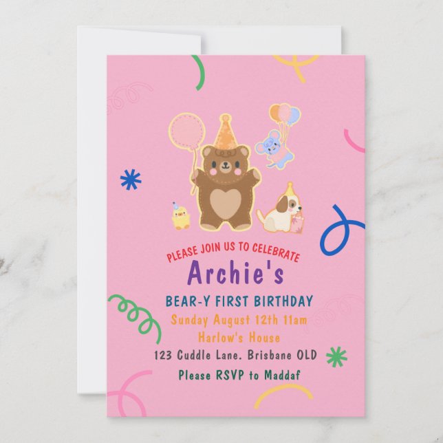  Editable Greenery Bear Birthday Invitation (Front)