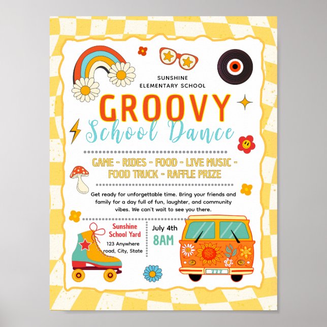 Editable groovy school dance fundraiser flyer poster (Front)