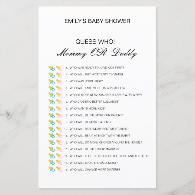 Editable Guess Who, Mum or Dad Baby Shower Game (Front)