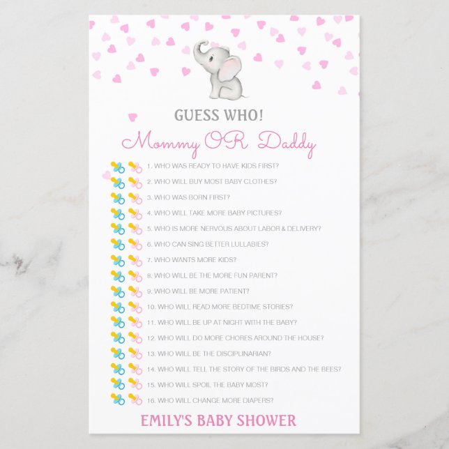 Editable Guess Who, Mum or Dad Baby Shower Game (Front)